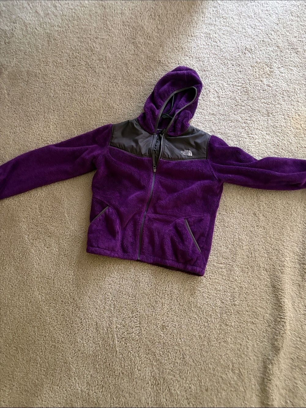 The North Face Purple Hooded Fleece Jacket with Black Shoulder Panels